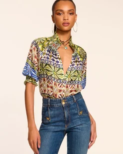Discount Chela Silk V-Neck Puff Sleeve Blouse Tops
