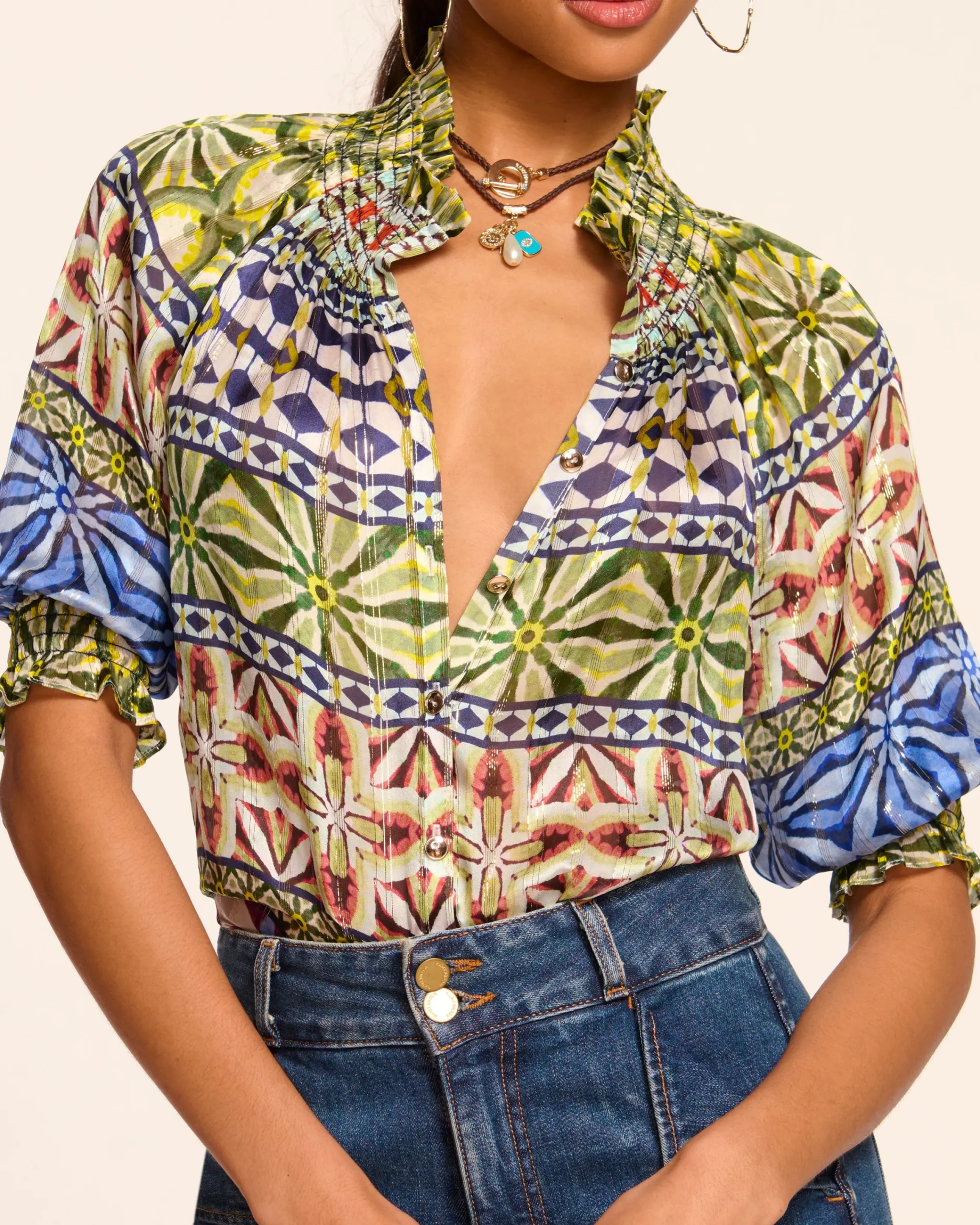 Discount Chela Silk V-Neck Puff Sleeve Blouse Tops