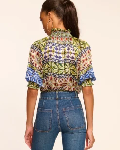 Discount Chela Silk V-Neck Puff Sleeve Blouse Tops