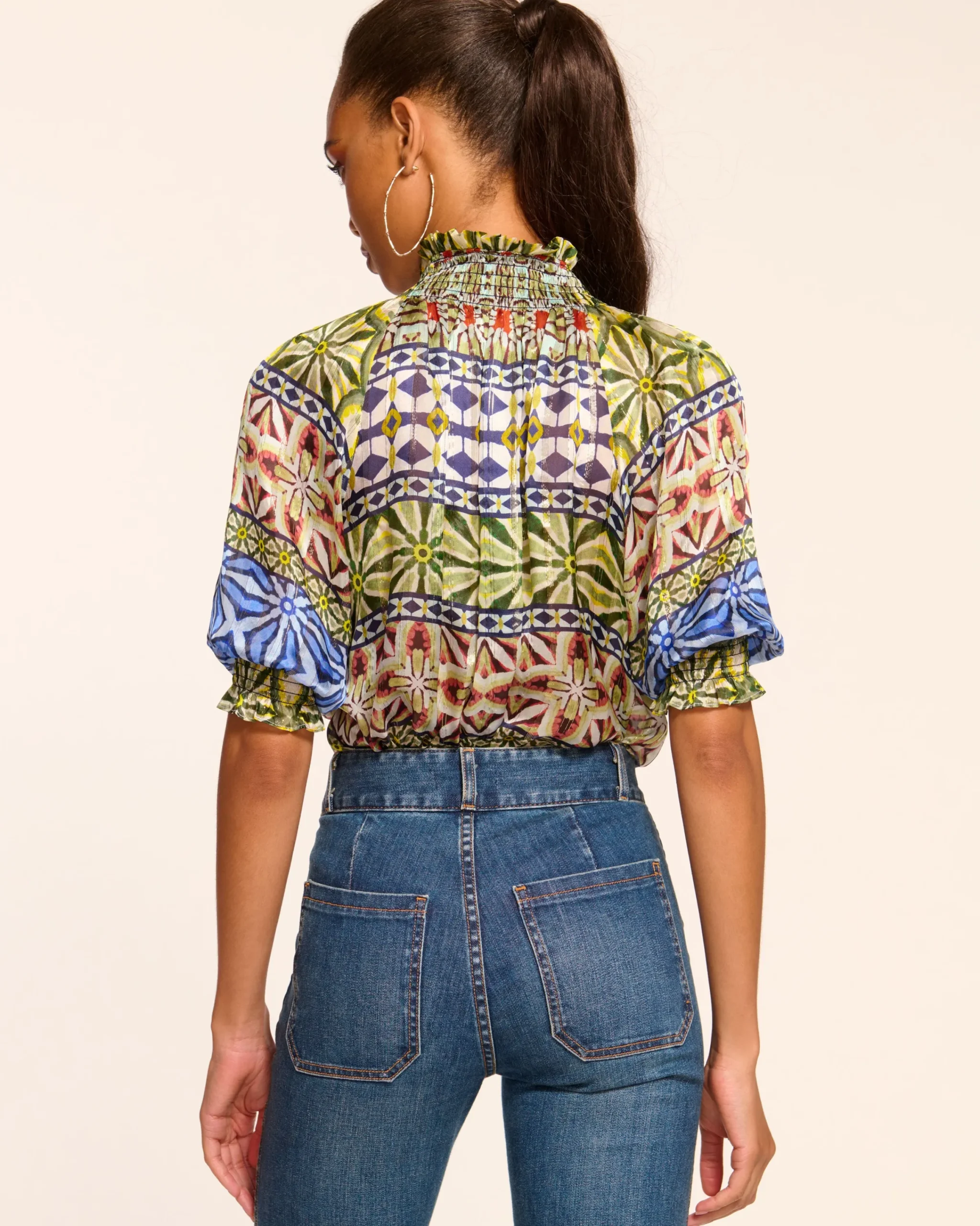 Discount Chela Silk V-Neck Puff Sleeve Blouse Tops
