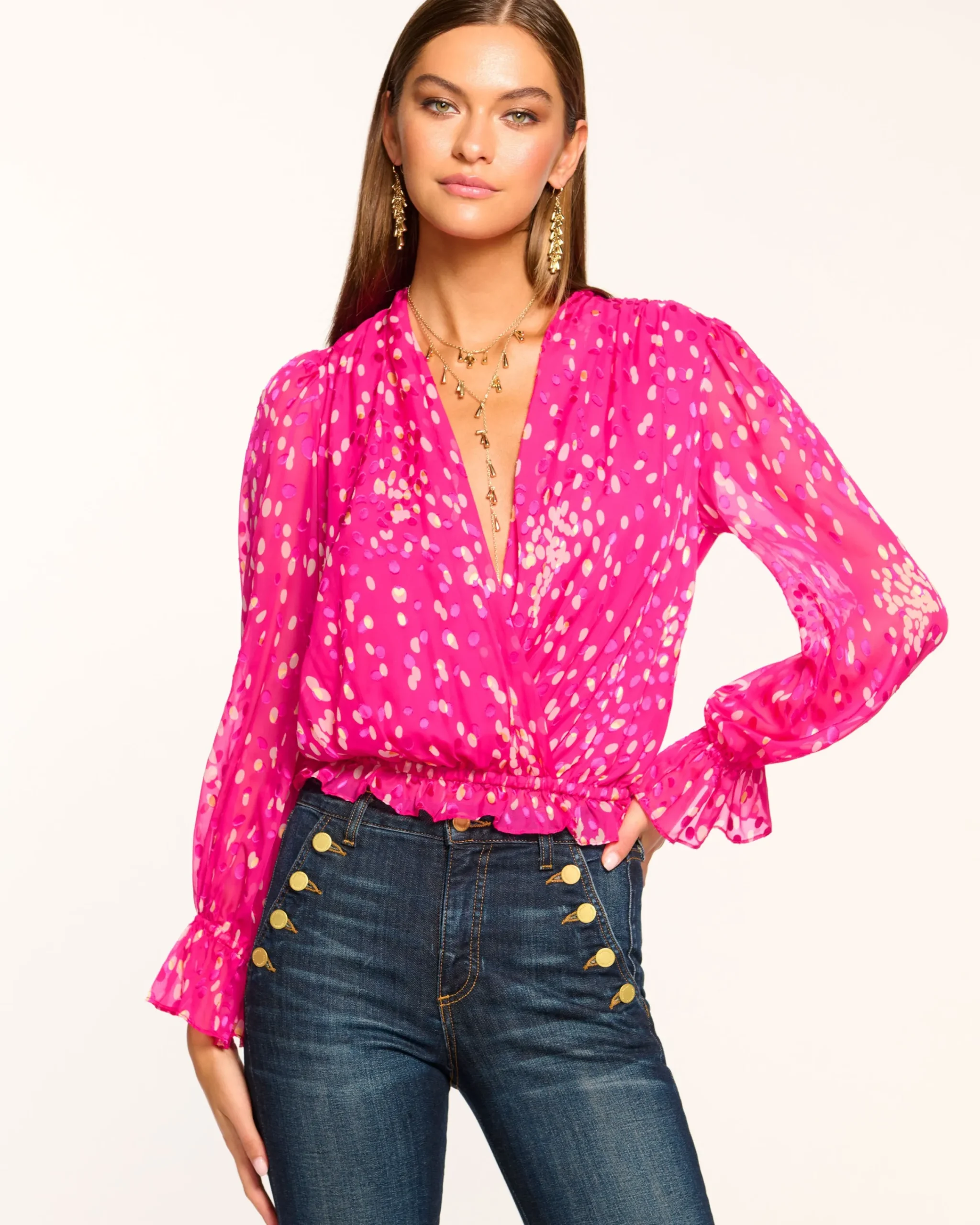 Clearance Levi V-Neck Ruffle Blouse Tops