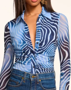 Best Talisa Long Sleeve Button Down Mesh Top Tops