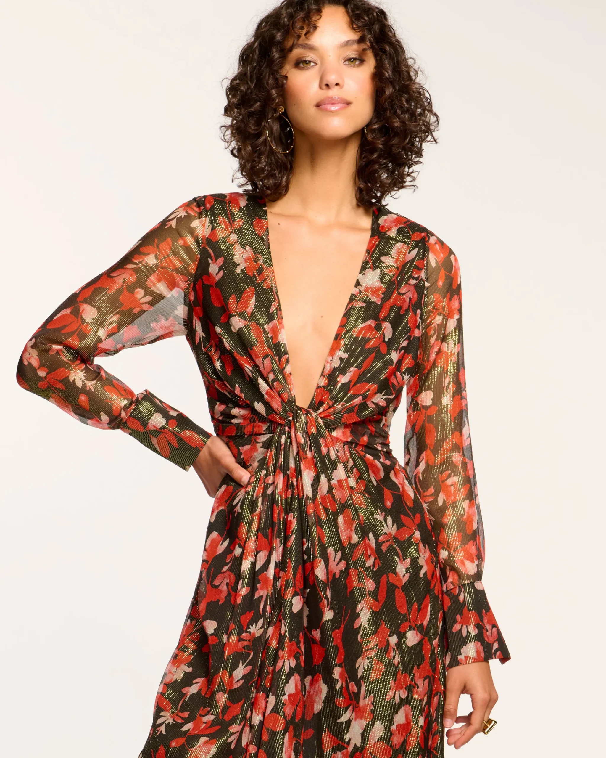 Sale Tatia Plunging Long Sleeve Midi Dress Dresses